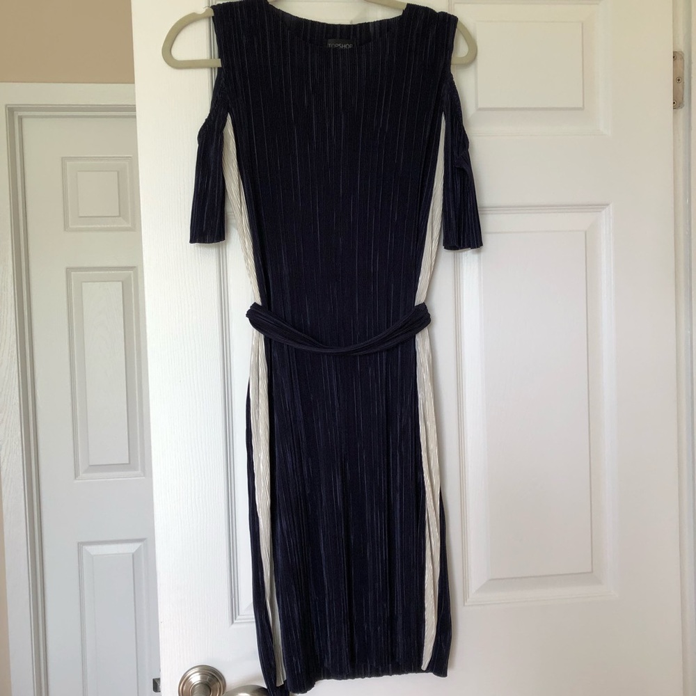 Blue Cold Shoulder Dress, White Stripes on Sides